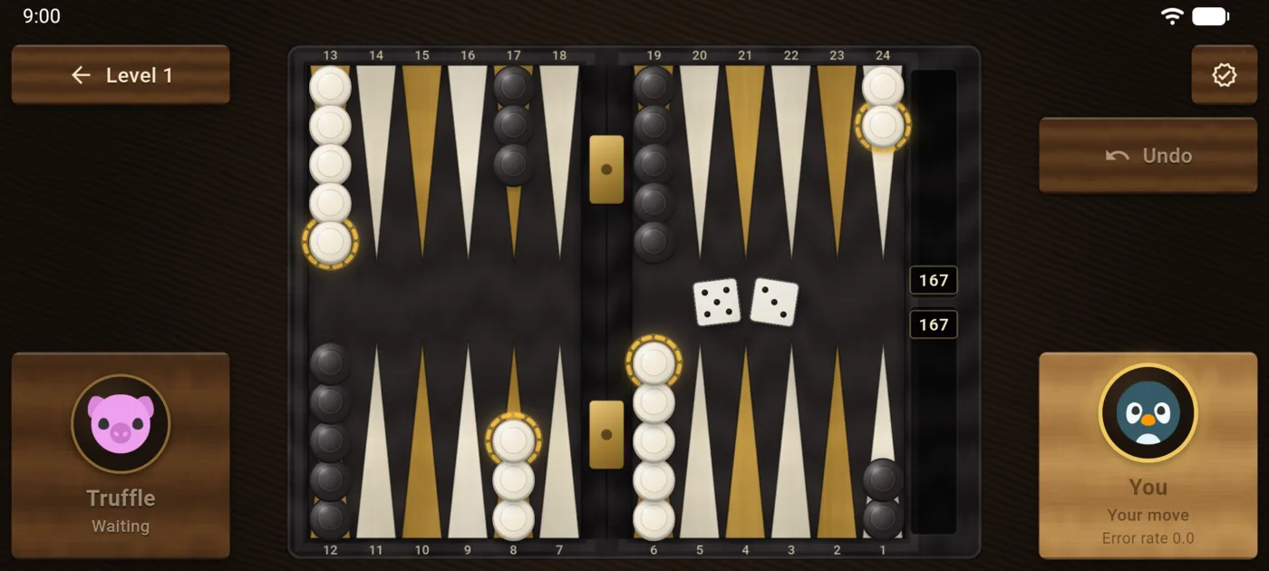 A game in progress on the walnut board: the player has rolled 5-2, movable checkers are ringed in gold, pip counts read 167 each