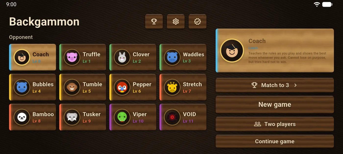 The home screen: twelve opponent cards from Coach at level 0 to VOID at level 11, each with an animal avatar, and buttons for Match to 3, New game, Two players and Continue game