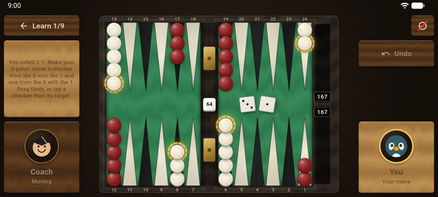 Lesson 1 of 9 on the green casino board: Coach's plaque reads 'You rolled 3-1. Make your 5-point', and the checkers that can move are ringed in gold