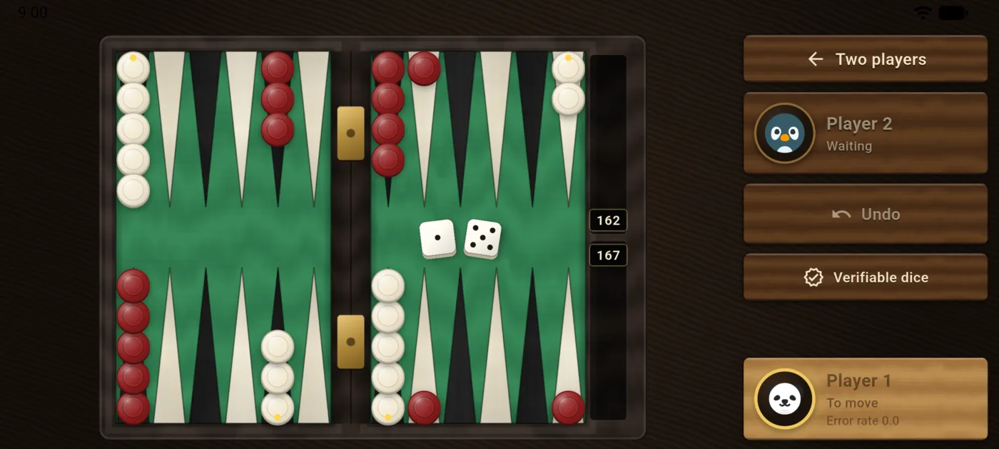 Two players mode on the casino board: Player 1 to move with a 1-5, Player 2 waiting, and a Verifiable dice plaque beside Undo